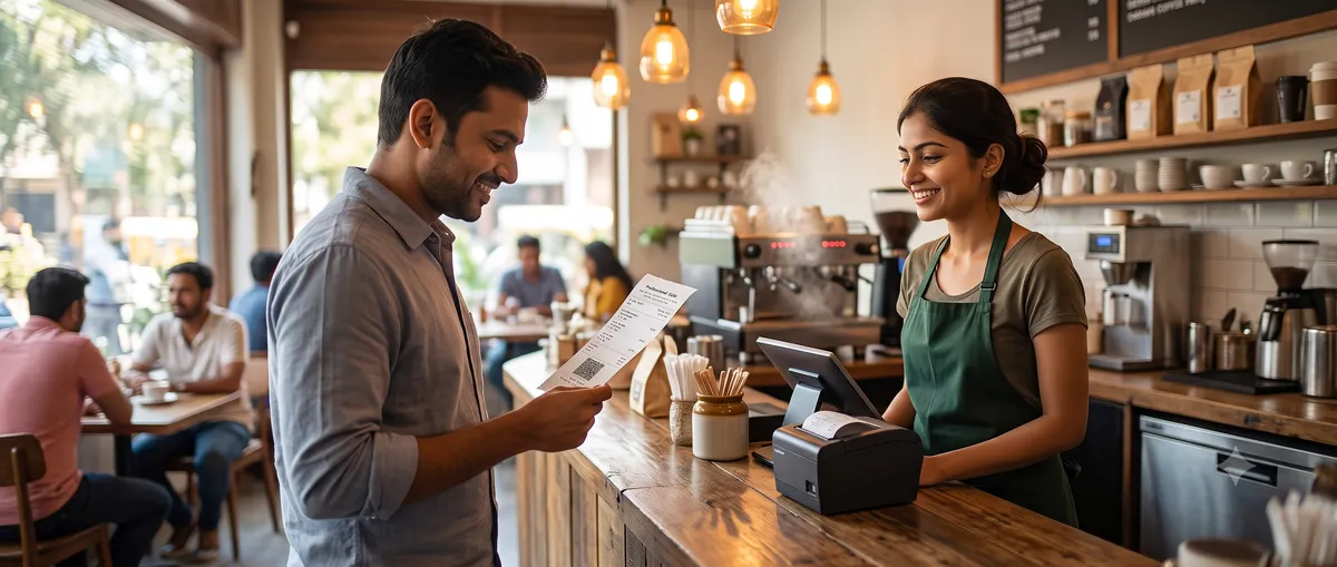 Customer smiling as he reads a freshly printed thermal invoice at a cafe counter while the owner stands by the receipt printer